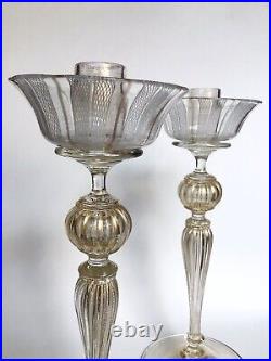 Pair Of Vintage Murano Glass Candlestick Holders With Filigree And Latticino Det
