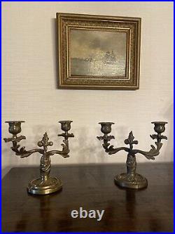 Pair Of Vintage Ornate Brass Triple Candelabras Candle Stands Rococo Art Nouveau