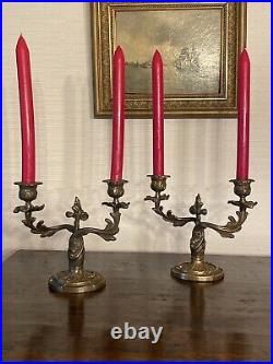 Pair Of Vintage Ornate Brass Triple Candelabras Candle Stands Rococo Art Nouveau