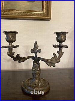 Pair Of Vintage Ornate Brass Triple Candelabras Candle Stands Rococo Art Nouveau