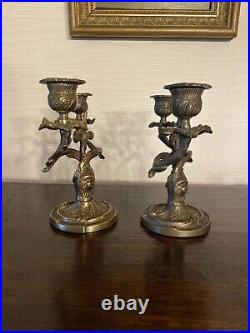 Pair Of Vintage Ornate Brass Triple Candelabras Candle Stands Rococo Art Nouveau