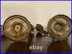 Pair Of Vintage Ornate Brass Triple Candelabras Candle Stands Rococo Art Nouveau