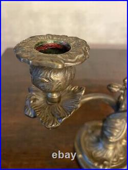 Pair Of Vintage Ornate Brass Triple Candelabras Candle Stands Rococo Art Nouveau