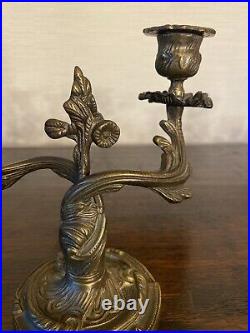 Pair Of Vintage Ornate Brass Triple Candelabras Candle Stands Rococo Art Nouveau