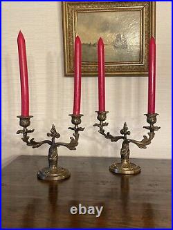 Pair Of Vintage Ornate Brass Triple Candelabras Candle Stands Rococo Art Nouveau