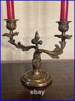 Pair Of Vintage Ornate Brass Triple Candelabras Candle Stands Rococo Art Nouveau