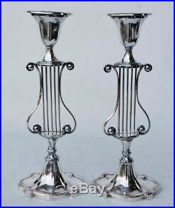 Pair Of Vintage Sheffield Silver Plate Over Copper Oval Lyre Candlesticks 12 T