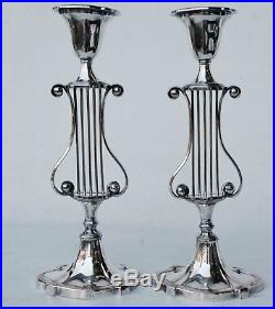 Pair Of Vintage Sheffield Silver Plate Over Copper Oval Lyre Candlesticks 12 T