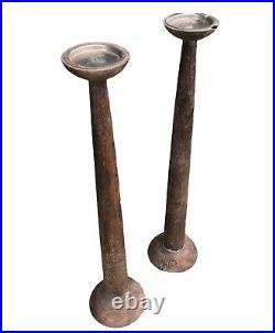 Pair Of Vintage Tall Wooden Gothic Style Candle Stands