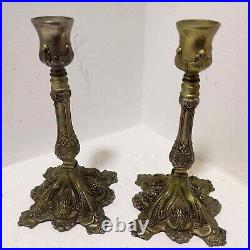 Pair Ornate Pewter Silver Plated Candlesticks Rare Vintage Candle Holders Décor