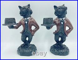 Pair Rare Vintage Cast Iron Equestrian Fox Waiter Candlestick Candle Holders