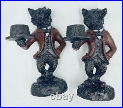 Pair Rare Vintage Cast Iron Equestrian Fox Waiter Candlestick Candle Holders