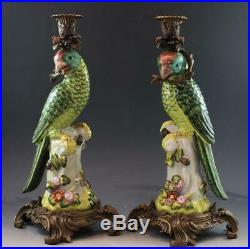 Pair Right & Left Vintage Chinese Porcelain & Bronze Parrot Bird Candlesticks