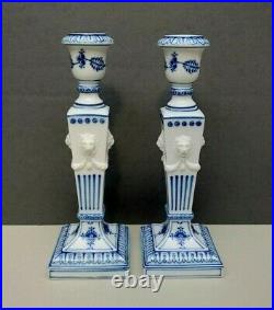 Pair Royal Copenhagen Candlesticks Blue Fluted Porcelain Lion Heads Denmark Vtg