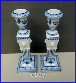 Pair Royal Copenhagen Candlesticks Blue Fluted Porcelain Lion Heads Denmark Vtg