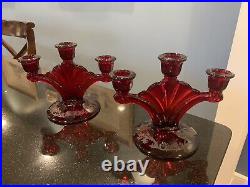 Pair Ruby Red Paden City Crows Foot 3 Light Candlesticks Etched 1930s Mint