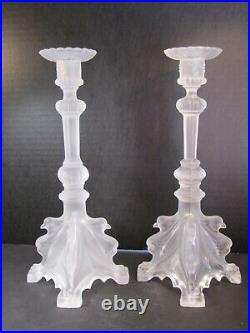 Pair VTG BIRDS Val St Lambert Art Glass Candle Sticks Frosted White Satin