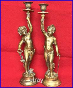 Pair VTG Gilt Bronze Torch Cherub Putti Figurine Candle Holders Mantle Statues