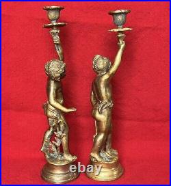 Pair VTG Gilt Bronze Torch Cherub Putti Figurine Candle Holders Mantle Statues