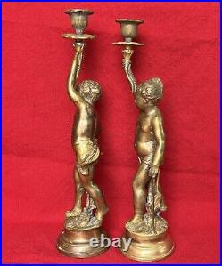 Pair VTG Gilt Bronze Torch Cherub Putti Figurine Candle Holders Mantle Statues