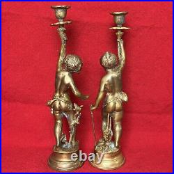 Pair VTG Gilt Bronze Torch Cherub Putti Figurine Candle Holders Mantle Statues