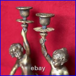 Pair VTG Gilt Bronze Torch Cherub Putti Figurine Candle Holders Mantle Statues