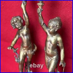 Pair VTG Gilt Bronze Torch Cherub Putti Figurine Candle Holders Mantle Statues