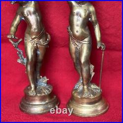 Pair VTG Gilt Bronze Torch Cherub Putti Figurine Candle Holders Mantle Statues