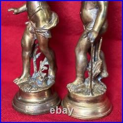 Pair VTG Gilt Bronze Torch Cherub Putti Figurine Candle Holders Mantle Statues