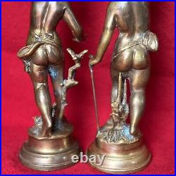 Pair VTG Gilt Bronze Torch Cherub Putti Figurine Candle Holders Mantle Statues