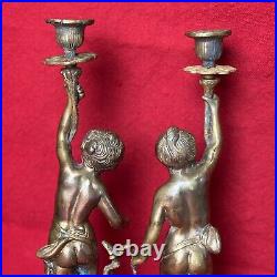 Pair VTG Gilt Bronze Torch Cherub Putti Figurine Candle Holders Mantle Statues