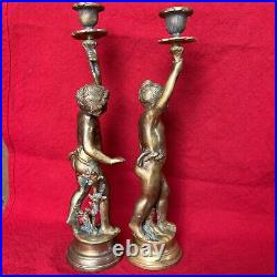 Pair VTG Gilt Bronze Torch Cherub Putti Figurine Candle Holders Mantle Statues