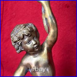 Pair VTG Gilt Bronze Torch Cherub Putti Figurine Candle Holders Mantle Statues