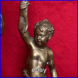 Pair VTG Gilt Bronze Torch Cherub Putti Figurine Candle Holders Mantle Statues