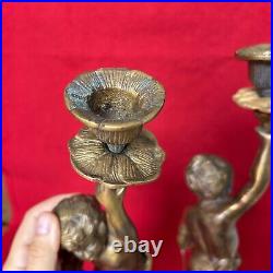 Pair VTG Gilt Bronze Torch Cherub Putti Figurine Candle Holders Mantle Statues