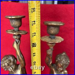 Pair VTG Gilt Bronze Torch Cherub Putti Figurine Candle Holders Mantle Statues