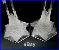 Pair Val St LAMBERT Crystal CANDLESTICKS Signed Vintage Frosted Flowers