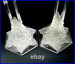 Pair Val St Lambert Crystal Candlesticks Signed Vintage Frosted Flowers VAS57