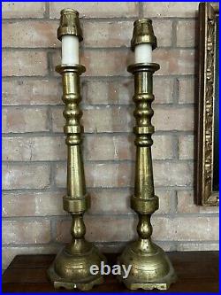 Pair Vintage 19 Large Solid Brass Religious Alter Candlesticks With Toppers