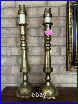 Pair Vintage 19 Large Solid Brass Religious Alter Candlesticks With Toppers