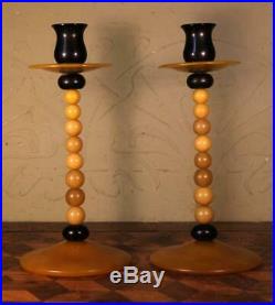 Pair Vintage Art Deco 1930s Butterscotch Bakelite Celluloid Beaded Candlesticks