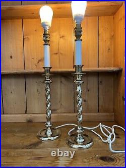 Pair Vintage Barley Twist Candle Stick Heavy Brass Table Desk Lamps