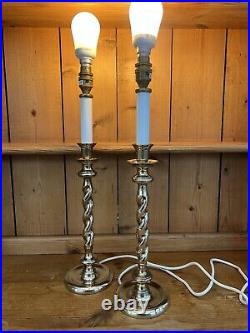 Pair Vintage Barley Twist Candle Stick Heavy Brass Table Desk Lamps