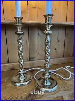 Pair Vintage Barley Twist Candle Stick Heavy Brass Table Desk Lamps