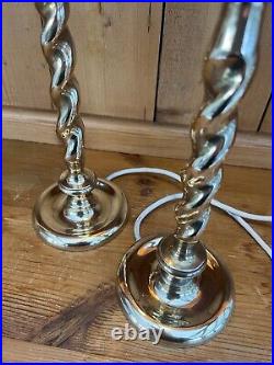 Pair Vintage Barley Twist Candle Stick Heavy Brass Table Desk Lamps