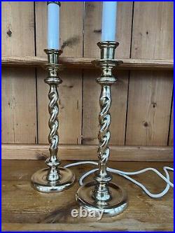 Pair Vintage Barley Twist Candle Stick Heavy Brass Table Desk Lamps