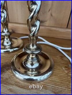 Pair Vintage Barley Twist Candle Stick Heavy Brass Table Desk Lamps