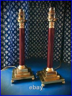 Pair Vintage Brass Country House Style Column Candlestick Table Lamps