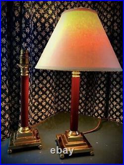 Pair Vintage Brass Country House Style Column Candlestick Table Lamps
