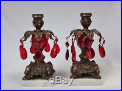 Pair Vintage Brass & Ruby Red Crystal Glass Candle Holder Candlesticks